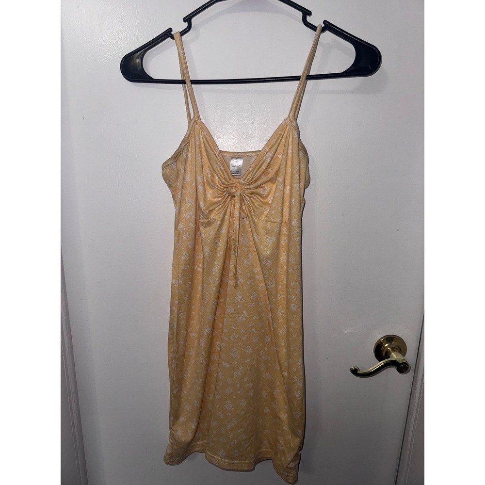 Yellow Ditsy Floral Mini Dress Cinched Tie Bust Spaghetti Strap Sun Dress Medium